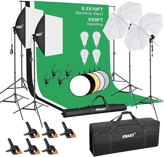 EMART 8.5 x 10 ft Backdrop Support System, Professional Photography Lighting Kit with 50W LED Blub, 6 * 9ft Backdrop *3, Reflector,Umbrellas&Softbox Lighting Kit for Studio, Portrait, Video Shooting