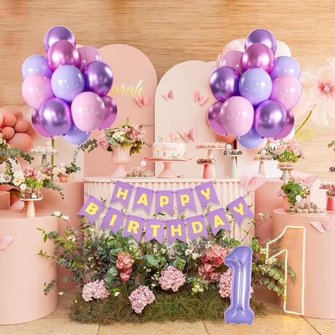 Purple Pink Metallic Balloons & Banner - 40 Inch 1 Balloon, Perfect for Girls' 1st Birthday or Baby Shower Decor