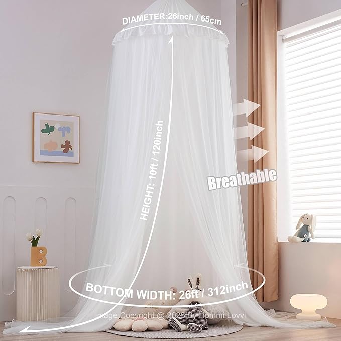 Double Layers Bed Canopy with Star Lights, 3 Pieces Layers Canopy for Girls Bed, Princess Round Dome Dreamy Play Tent, Hanging Kids Reading Nook Mosquito Net, Machine Washable - White
