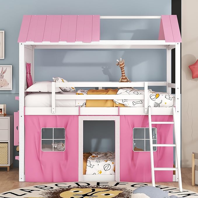MERITLINE Full Over Full Princess Castle Bunk Bed with Tent,Ladders and Guardrail, Solid Wood Playhouse House Floor Bunk Bed with Windows and Roof (Full,Pink & White)