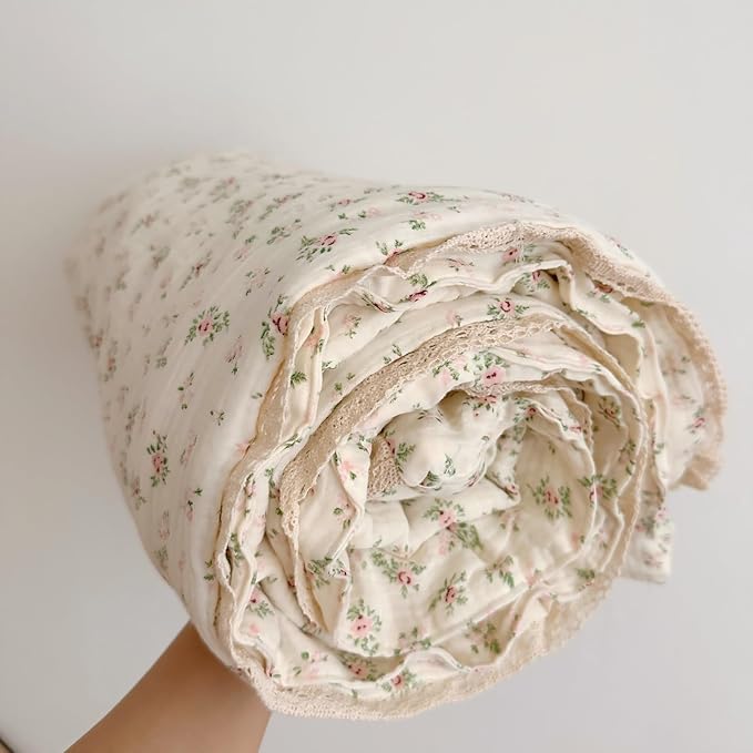 BuLuTu Muslin Cotton Kids Comforter with Lace Edge, Chic Shabby Floral Print Toddler Quilts, Soft Lightweight Baby Crib Quilted Blanket, Pomegranate Pattern, 47"x59", All Seasons
