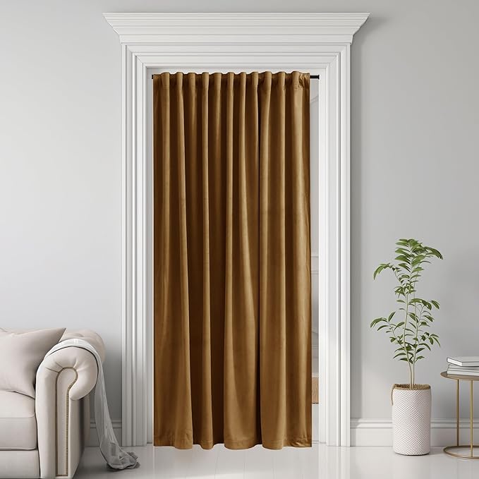 StangH Doorway Curtain Back Tab Gold Brown Velvet Thermal Insulated Sliding Door Panels Privacy Blackout Window Drapes Room Divider for Office Bedroom Closet, W62 x L80, 1 Panel