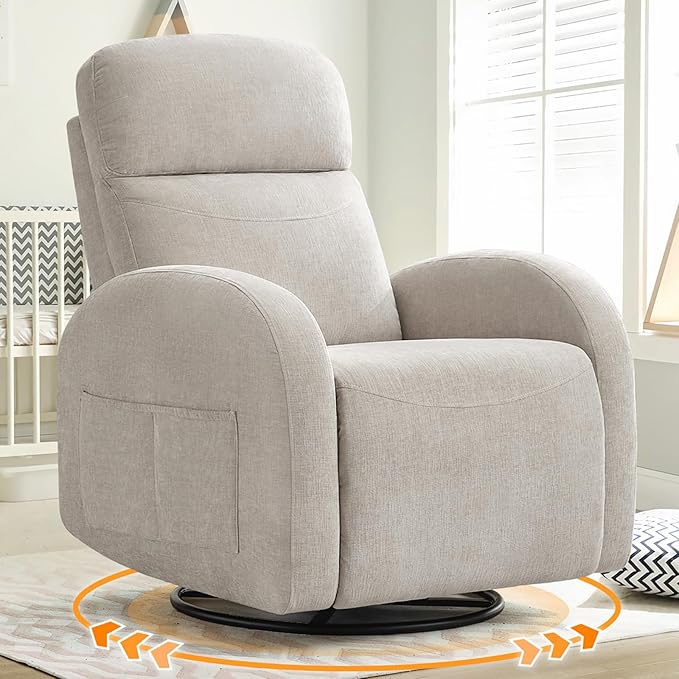 Nursery Swivel Rocker Recliner, Manual Nursering Glider Recliner, Chenille Swivel Rocking Nursery Recliners with Double Pockets for Living Room, Camel