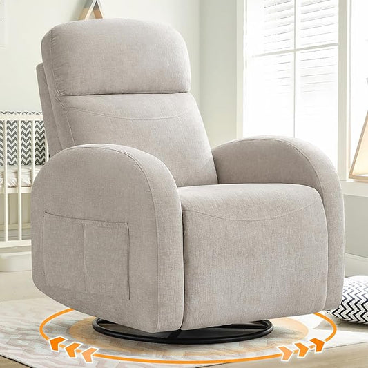 Nursery Swivel Rocker Recliner, Manual Nursering Glider Recliner, Chenille Swivel Rocking Nursery Recliners with Double Pockets for Living Room, Camel