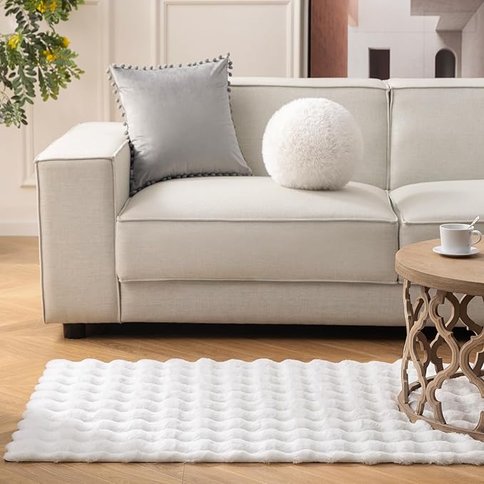 Ashler Faux Rabbit Fur Rug, White 4x6 FT Fluffy Soft Runner Area Rugs, Rectangle Fuzzy Carpet for Living Room, Bedroom, Machine Washable Shaggy Nursery - 3D Bubble Mat