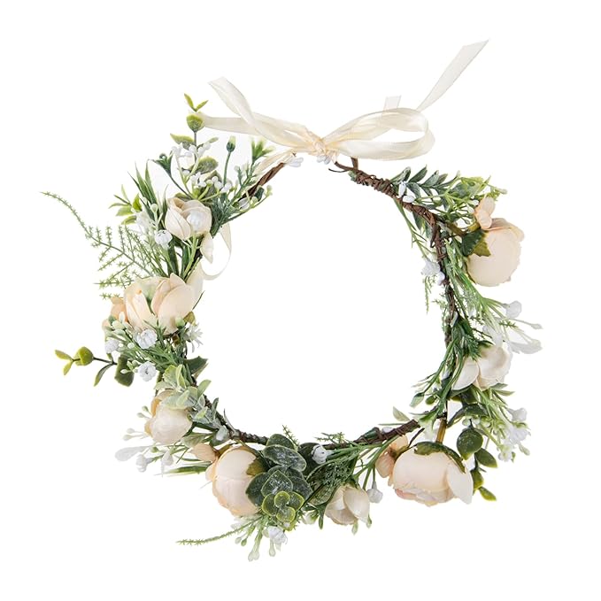 DreamLily Girls Camellias Flower Crown Birthday Photo Pops Hair Wreath Wedding Festival Floral Headpiece XM11 (A-Champagne)