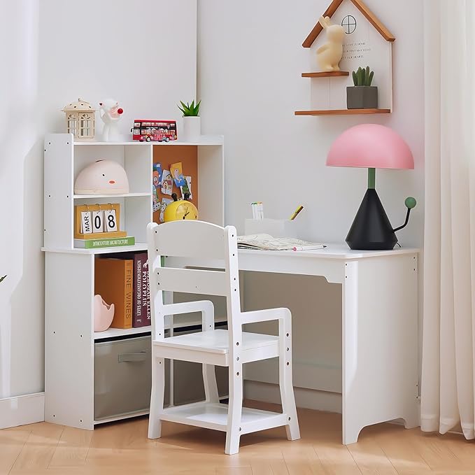 Garvee Kids Corner Desk, Desk and Chair Set for Children, L Shape Kids Study Table - Features Bulletin Board Open Shelves & Storage Cabinets and Cloth Drawers, White