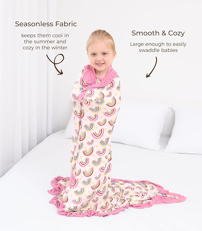Premium Baby Blankets, Soft Viscose from Bamboo Blanket for Girls, Nursery Crib Bedding Quilt for Newborn and Toddler, Ruffle Blanket Cooling for Hot Sleepers, 50''x50'' Rainbow