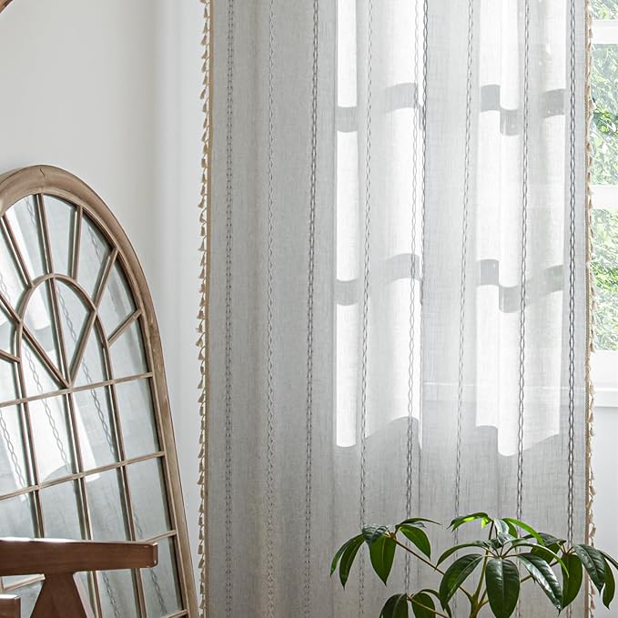 Deeprove Silver Grey Boho Curtains 96 inches Length for Bedroom Living Room, Light Gray Bohemian 96 inches Long Embroideried Cottage Farmhouse Vintage Tassel Window Treatments, W52 x L96, 1 Panel