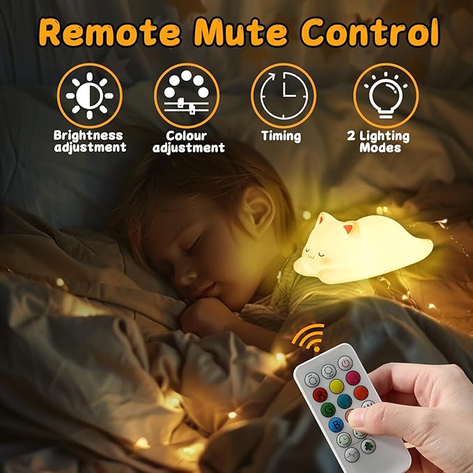 ZKLiLi Night Light for Kids Cute Remote Cat Lamp,16 Colors+Tap+Remote+Silicone Kids Night Light,USB Rechargeable Cat Night Lights for Room Decoration（Remote Control）