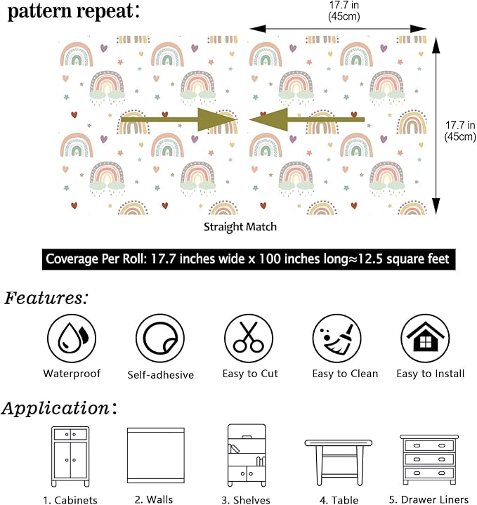 CHIHUT Boho Rainbow Wallpaper 17.7”x100” Kids Wallpaper Stick and Peel for Girls Bedroom Self Adhesive Removable Baby Room Cute Colorful Wall Paper Decorative Boho Contact Paper for Classroom