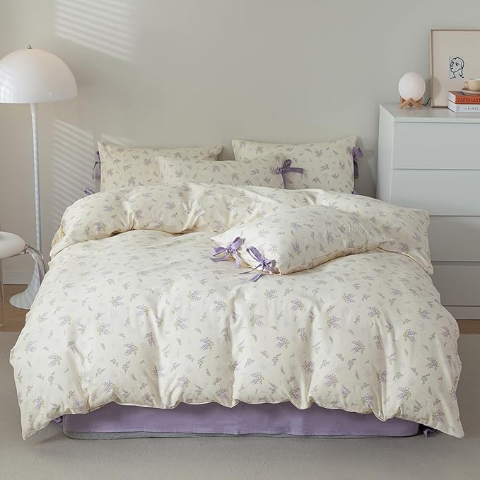 HighBuy Garden Floral Duvet Cover Twin with 2 Bowknot Bow Tie Pillowcases Coquette Aesthetic Comforter Cover Soft Cotton Botanical Boho Duvet Cover with Purple Flowers Country Style Bedding Set