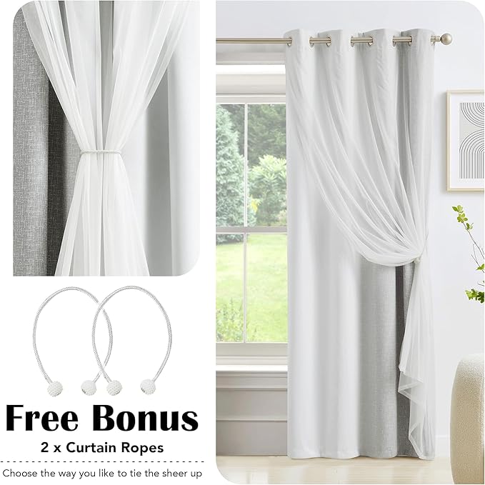 100% Blackout Curtains with Sheer Overlay Mix and Match Double Layer Drapes 96 Inch Long 2 Panels for Bedroom Living Room Grey White Ombre Grommet Window Treatment with Tiebacks