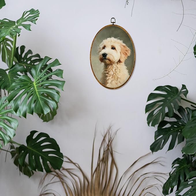 Hiuwevt Vintage Goldendoodle Oval Wall Art Decor, Goldendoodle Gifts for Women Framed Canvas Prints, Rustic Neutral Dog Oval Wall Hanging Decor for Bedroom Living Room Decorations, 8.6x11.4 Inches