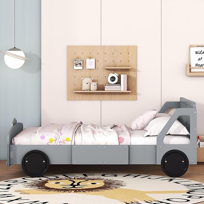 Full Size Car-Shaped Platform Bed with Wheels, Solid Wood Car Bed Frame with Strong Slatted Support for Kids Teens Boys Girls Bedroom, Fun Play Design Kids Floor Bed (Gray-WL55)