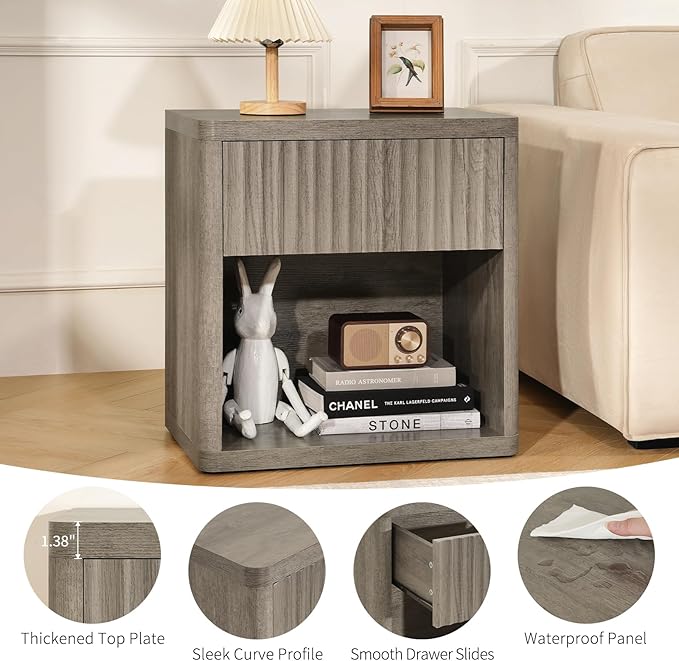 Night Stand Fluted Nightstand with Drawers, Wood Bedside Table with Storage Shelf, Bed Side Table for Bedroom, End Tables Living Room, Modern Nightstands Night Stands, Sofa Side Tables, Grey