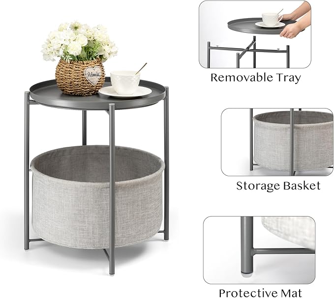 danpinera Round Side Table with Fabric Storage Basket, Metal Side Table Small Bedside Table Nightstand with Removable Tray Top for Living Room, Bedroom, Nursery, Laundry, Gray