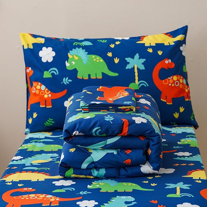 KAREVER Cartoon Toddler Bedding Set Dinosaur Print 4 Pieces Crib Bed Set Kids Animal Print Comforter Set