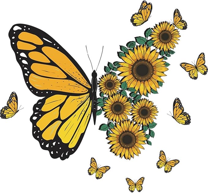 Large Butterfly Wall Decals, Sunflower Wall Stickers Yellow Butterfly Flower Wall Decal Murals Peel and Stick Wallpaper Art Decal for Nursery Bedroom Living Room Classroom