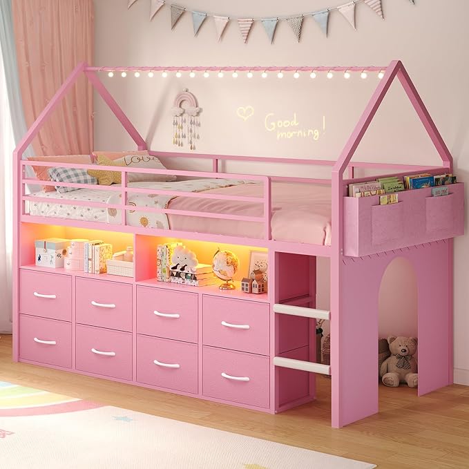 BTHFST Twin Size Loft Bed for Kids, 8 Storage Drawers & LED Lights, House Shaped Metal Bed with Bookcase, Soft Foam Ladder, 13.4" Safety Guardrail, Space Saving, Fun Curtain