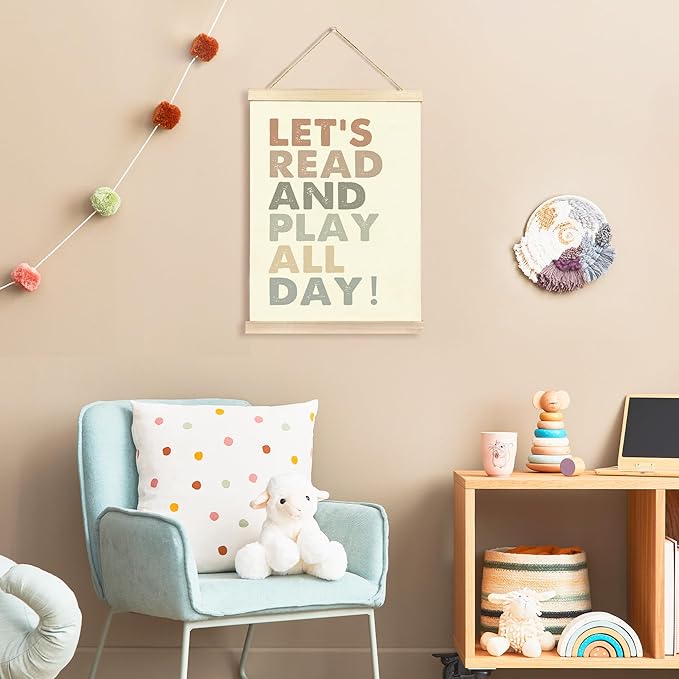Hiuwevt Kids Playroom Wall Art, Boho Nursery Poster Hanger Frame, Boho Classroom Decor, Let's Read and Play All Day Wall Art Home Decor for Kids Boys Girls Bedroom Room Playroom, 12x16 Inch