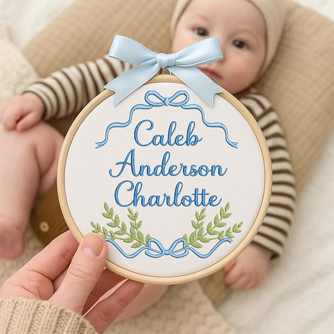 Personalized Baby Name Sign Welcome Baby Announcement Sign Newborn Baby Embroidery Hoop with Bows Baby Hospital Name Sign Custom Infant Baby Name Baby Shower Gifts (13)