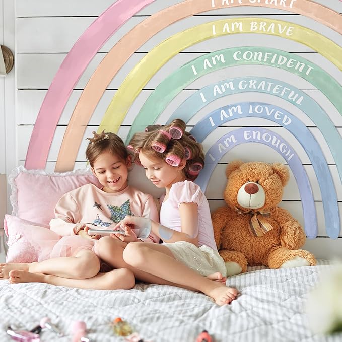 Tinideya 76.77x47.24'' Watercolor Large Rainbow Wall Decal Classroom Wall Decor with Inspirational Quote Peel and Stick Stickers Waterproof Wallpaper for Girls Kids Bedroom Nursery Playroom(Pastel)