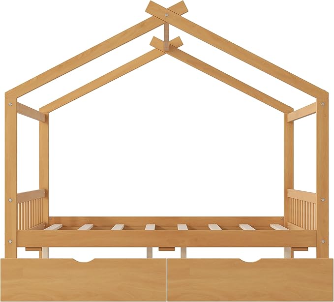 Harper & Bright Designs Full Size House Bed Frame for Kids, Wood Playhouse Platform Bed Frame with Two Drawers and Fence, Roof Design, Natural