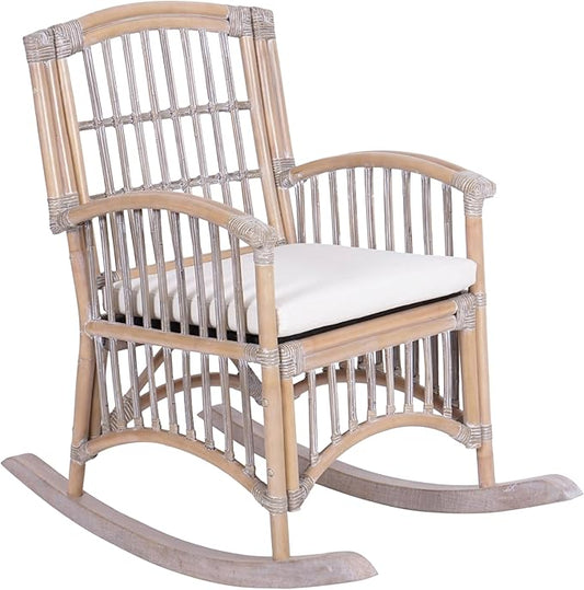 JONATHAN Y RCK200B Swayze Bohemian Farmhouse Woven Rattan/Wood Rocking Chair White Cushion with Gray/White Wash Frame for Home, Living Room, Bedroom, Guestroom, Foyer, Library