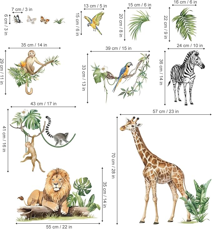 decalmile Large Jungle Animal Tropical Leaves Wall Decals Safari Tree Lion Giraffe Monkey Wall Stickers Baby Nursery Kids Bedroom Living Room Wall Decor