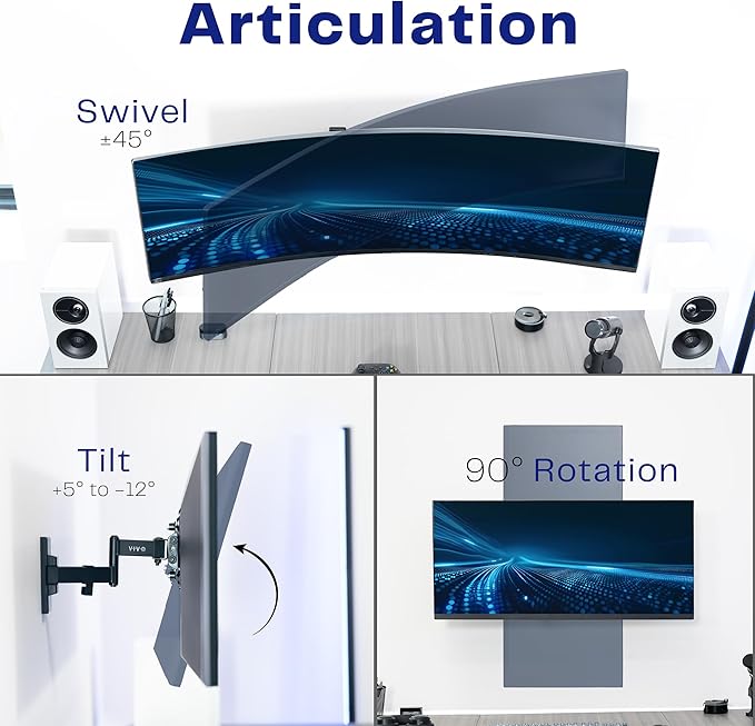 VIVO Full Motion Ultrawide Monitor Wall Mount, Fits Ultra-Wide Screens up to 49 inches and 44 lbs, Wide VESA Range with Tilt and Swivel, Black, MOUNT-VW06