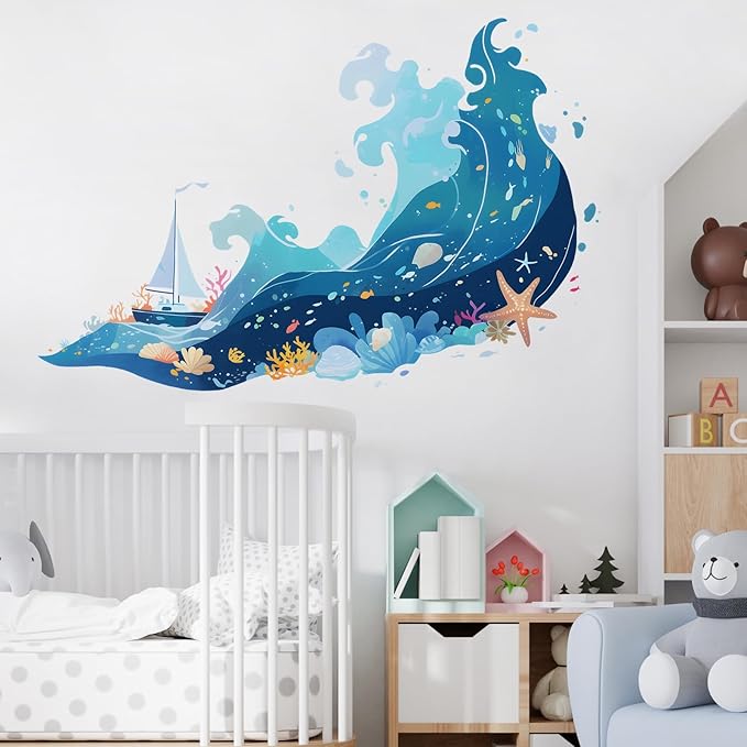 Sea Waves Wall Decals Removable Cartoon Vinyl Stickers for Bathroom Nursery and Kids Playroom Ocean Theme Decor Peel and Stick Wall Art with A Sailboat