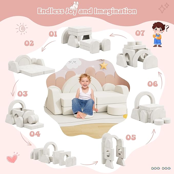 12 PCS Modular Kids Play Block Couch Child Sectional Soft Sofa Toddler Building Fortplay Climbing Bedroom Playroom Baby Convertible Floor Foam Cushion for Boys & Girls (Cream+Double Seat-1)