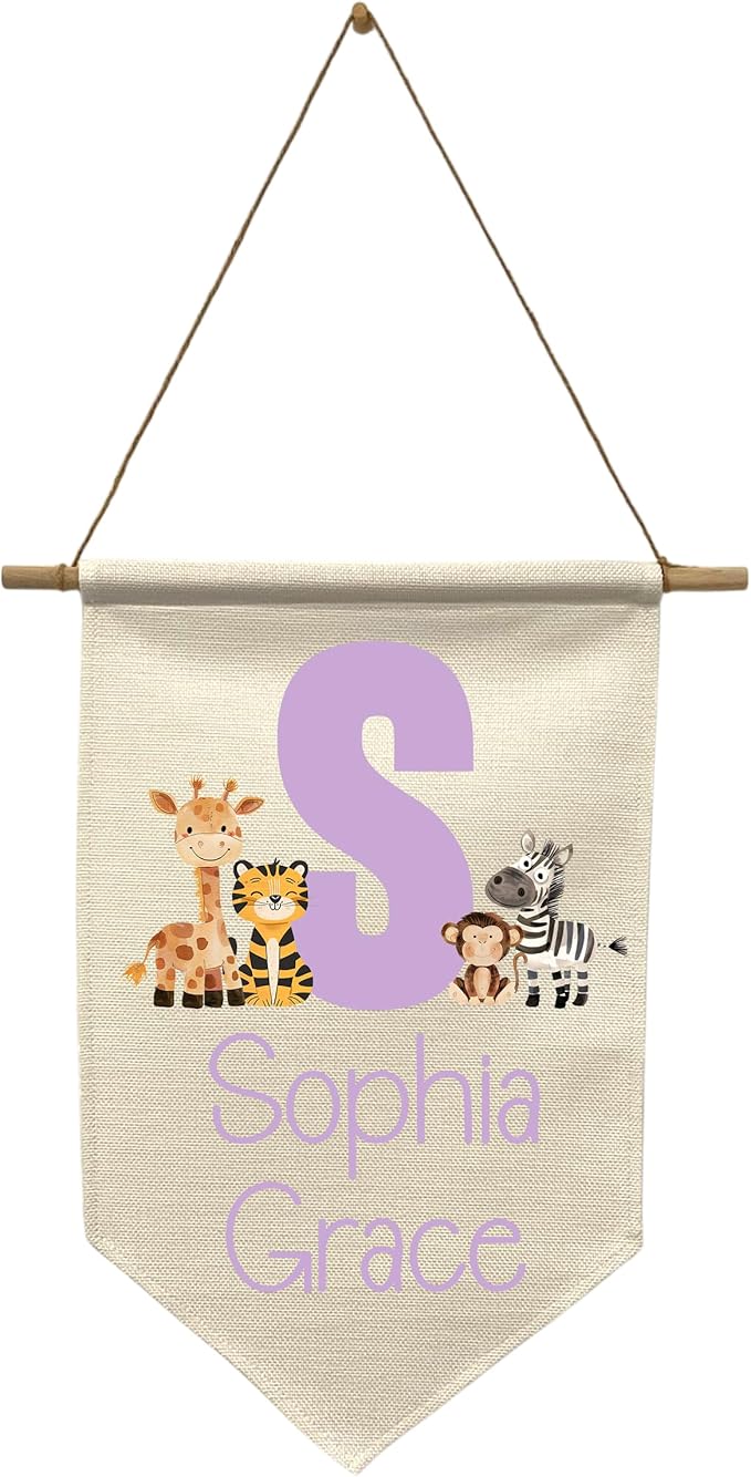 Custom Nursery Wall Hanging with Name – Personalized Zoo Aminal Banner with Initial- Kids Room Decor – Sign for Nursery, Bedroom, or Playroom