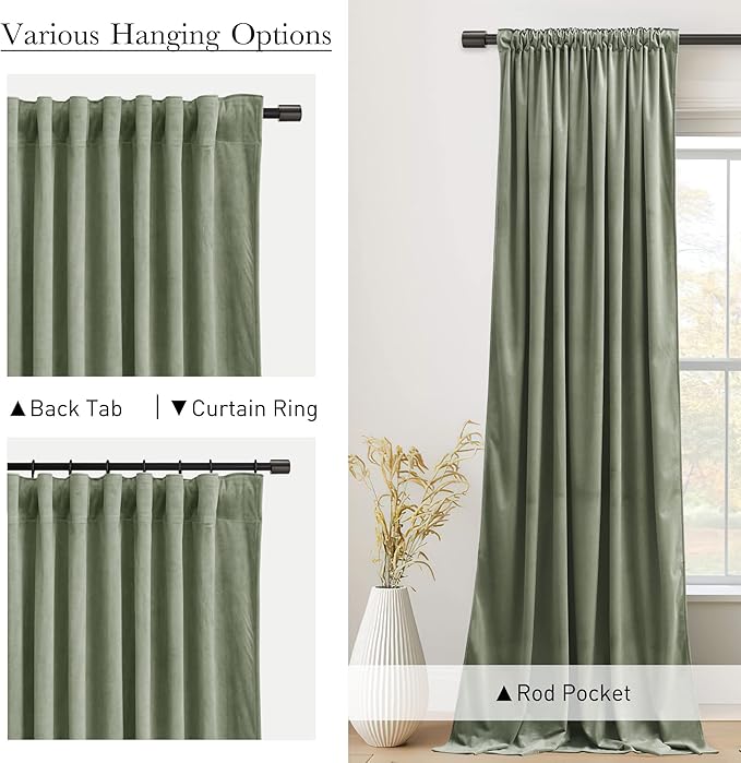 StangH Sage Green Curtains for Nursery Bedroom Soft Velvet Room Darkening Privacy Protect Window Drapes for Living Dining Room/Laundry/Office/Kids, W52 x L102, 2 Panels