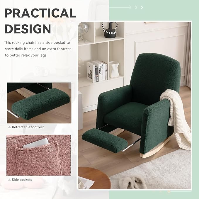 FOXHUNTER Rocking Chair Nursery with Adjustable Footrest and High Backrest, Upholstered Glider Chairs with Side Pockets for Nursery, Rocker Armchair Indoor for Living Room,Green