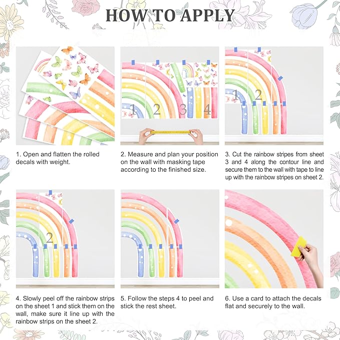 H53.9 Large Watercolor Rainbow Wall Decals, Half Rainbow Wall Stickers Peel and Stick Mural for Girls Boys Nursery Kids Room Home