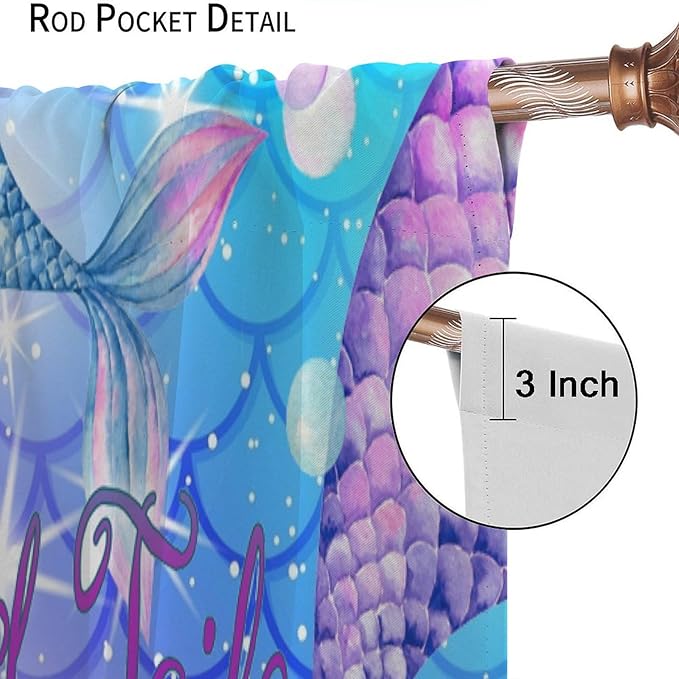 Dream Mermaid Curtain Colorful Mermaid Shell Ocean Theme Fantasy Blackout Curtains for Kids Boys Girls Bedroom Nursery Room Decor Rod Pocket Window Drapes 42x63in