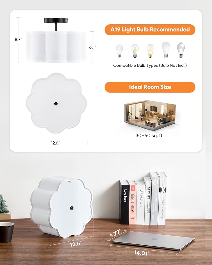 VONLUCE Semi-Flush Mount Ceiling Light, 12.6" Modern 3-Light Ceiling Light Fixture with White Petal-Shaped Shade 3 E26 Sockets for Bedroom Entryway Living Room, Black Finish, ETL Certificated