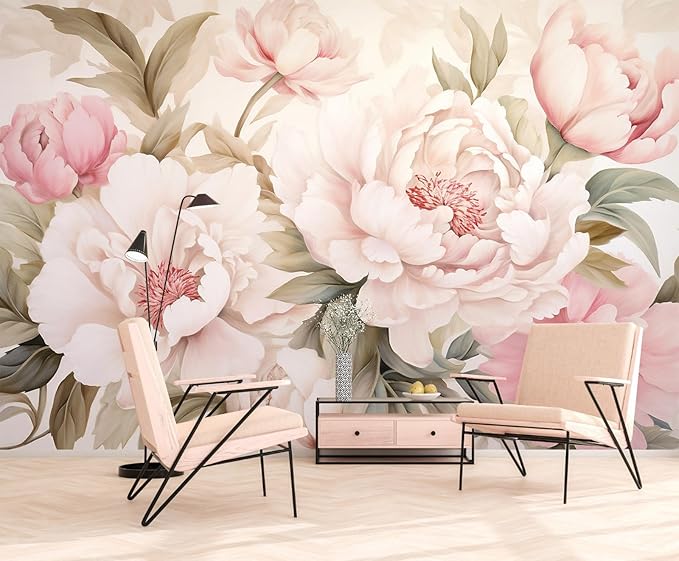 Pink Floral Wallpaper Peel and Stick Large Peony Flower Self Adhesive Wall Mural for Living Room Bedroom 82"x57"