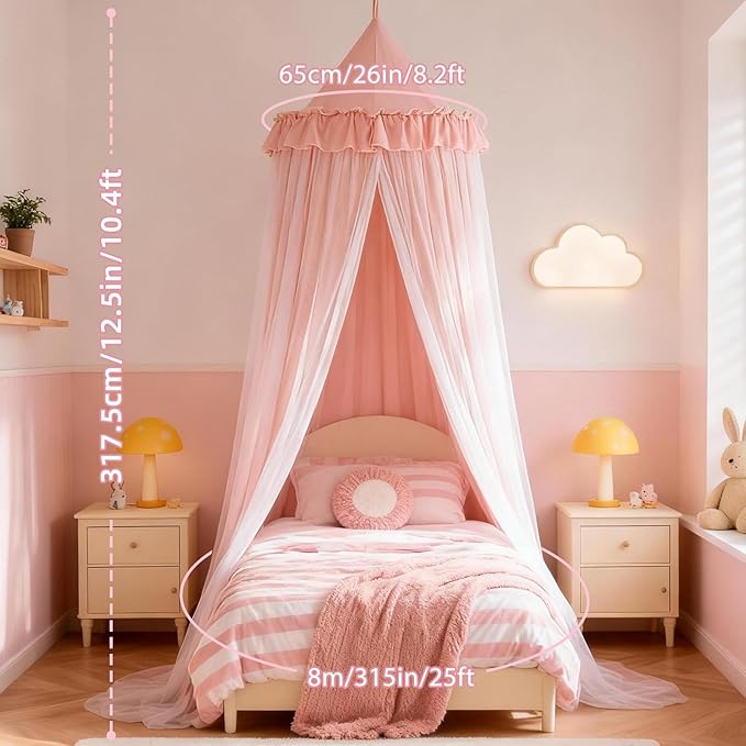 Bed Canopy with Star Lights, Double Layer Bed Canopy for Girls, Princess Canopy Bed Curtain for Twin Bed, Breathable Kids Dreamy Play Tent Room Castle Reading Nook, Machine Washable, 26''x125'' - Pink