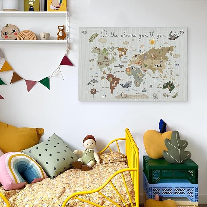 Wheatwin World Map Wall Art Banner for Kids 20x30, World Maps for Wall, World Map Cute Animal Educational Tapestry Wall Hanging Canvas Wall Decor Banner Flag Decor for Kids Room Playroom Classroom - Blue