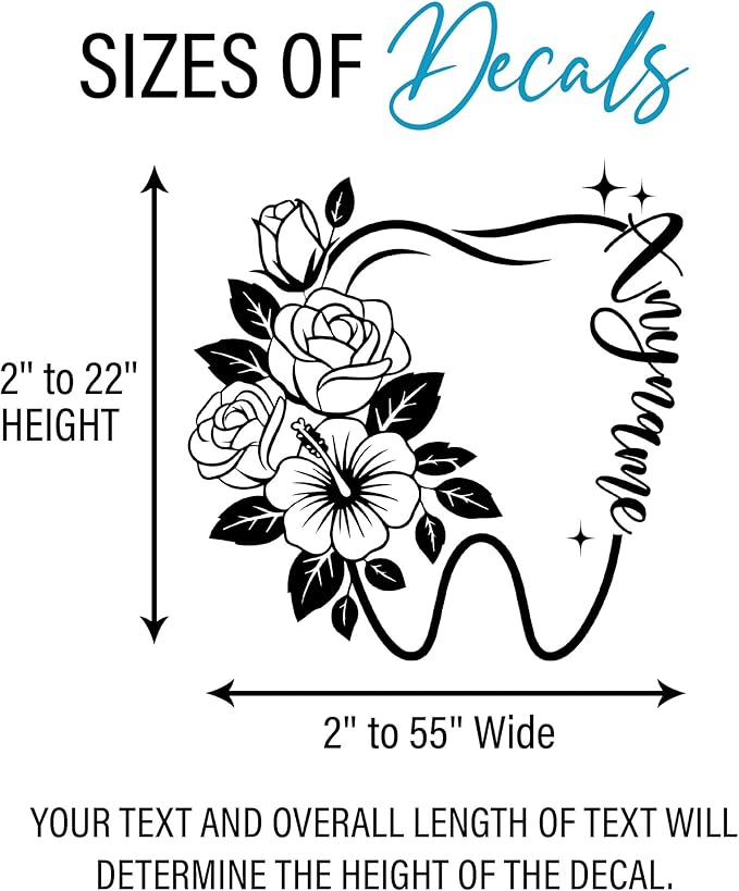 Personalized Floral Tooth Name Wall Decal Custom Dental Nurse Orthodontics Dentist Transparent DTF Vinyl Removable Nursery Wall Decals for Kids Room, Teen Bedroom, Car, Cute Home Decor Gifts