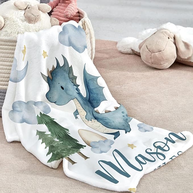 Custom Baby Crib Bedding Set - Blue Dinosaur Design Personalized Name Baby Nursery Bedding 3 Pcs Set - Chic Soft Blanket, Fitted Sheet, Room Rug for Newborns Boys Girls Gifts