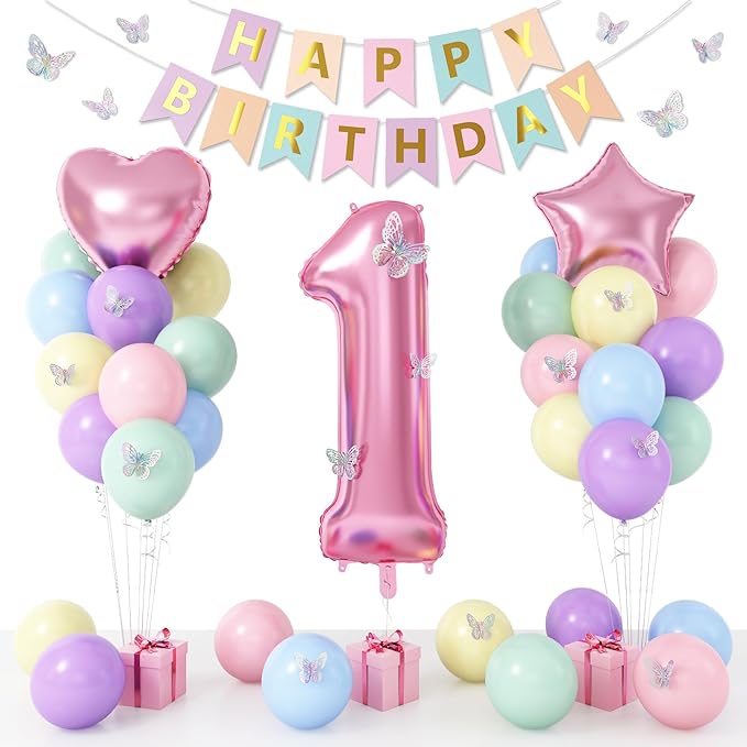 1st Birthday Decoration for Girls, Pastel Macaron 1st Birthday Balloon, Pink Number 1 Balloon with Butterfly Stickers, Star Heart Foil Balloons Banner Set for Baby 1 Year Old Birthday Party Decor