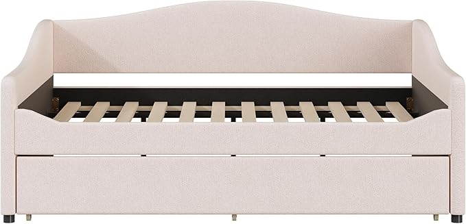 Merax Full Size Upholstered Daybed with Light and Trundle, Beige Teddy Fleece Sofa Bed Modern Wooden Platform Bed Frame for Bedroom, Living Room, Guest Room, Apartment
