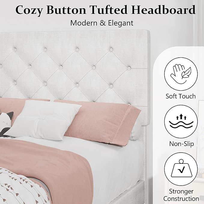 BarnFurin Queen Bed Frame, Upholstered Platform Bed with Button Tufted Headboard, Fabric Queen Size Beds with Wooden Slats Support, No Box Spring Required, Easy Assembly, White