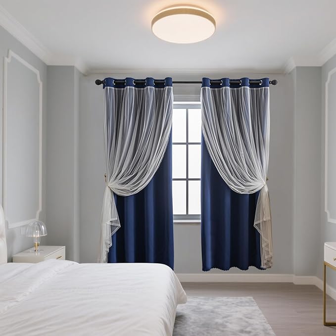 Anytime Home Curtains Blackout and Sheer Layered Solid Window Curtain Panel Pair with Grommet Top, 52Wx63L,Navy Blue