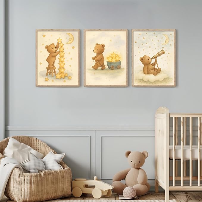 3Pcs Bear Nursery Wall Art Cute Teddy Bear with Stars and Moon Poster Animals Playing with Stars and Telescope Neutral Baby Room Decor Dreamy Prints for Kids and Babies Bedroom 8x10in Unframed