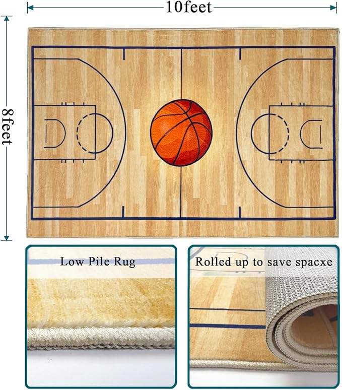 Basketball Rug 8x10 Washable Low Pile - Non Slip Sports Carpet for Boys Bedroom Decor, Kids Game Room Mat Area Rug Man Cave Carpet Mat